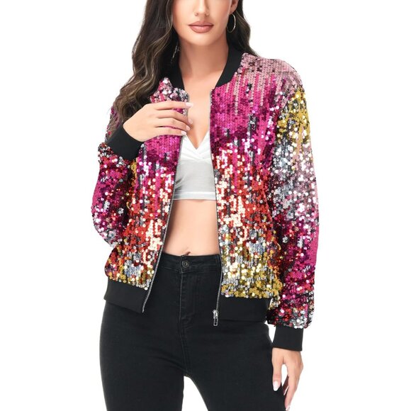 Brand New Women Confetti Polyester Sequin Long Sleeve Front Zip Jacket Bomber - Picture 3 of 6